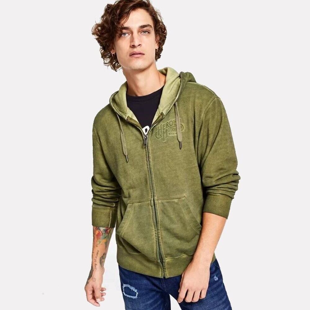 Heroes Motors Men's Washed Army Green Cotton Kangaroo Front Zip Hoodie Size L